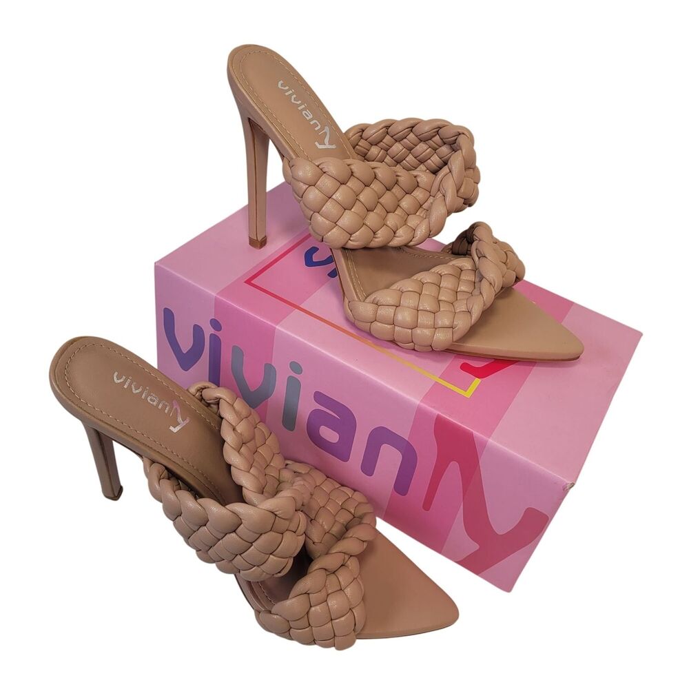 Viviany Women's Nude Braided Mule Heels With Pointed Toe & Stiletto Heel Size 8